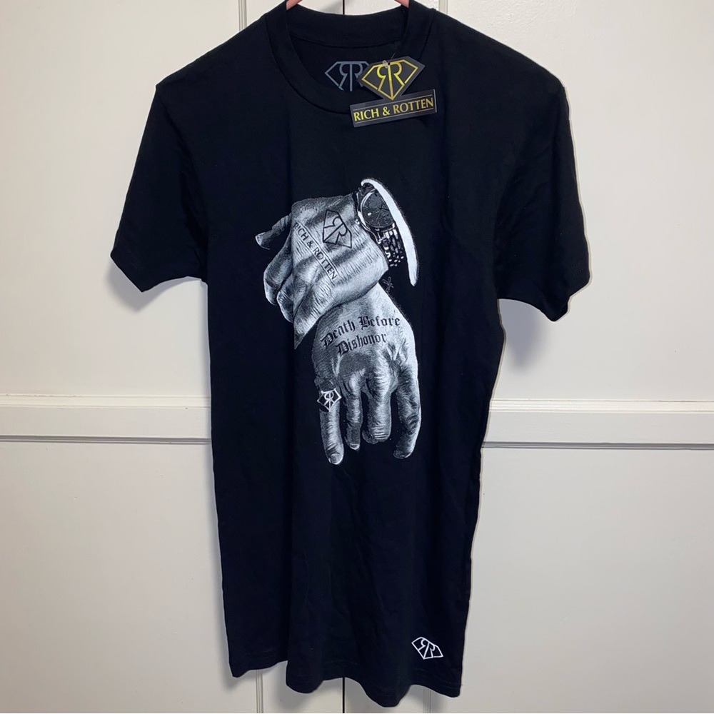 Rich & Rotten Small Black Short Sleeve Tee with Grayscale Graphic